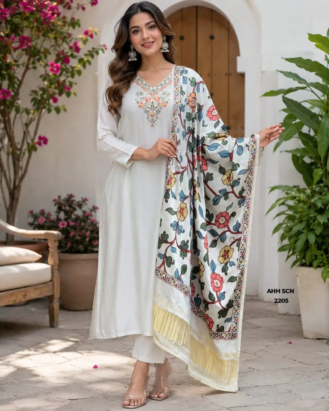 Off-White Premium Roman Silk V-Neck Straight Kurta with  Floral Embroidery Yoke
